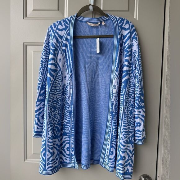 Sold‼️Soft Surroundings Siva Jacquard Open Front Cardigan Blue White Print Sz M - Picture 6 of 7